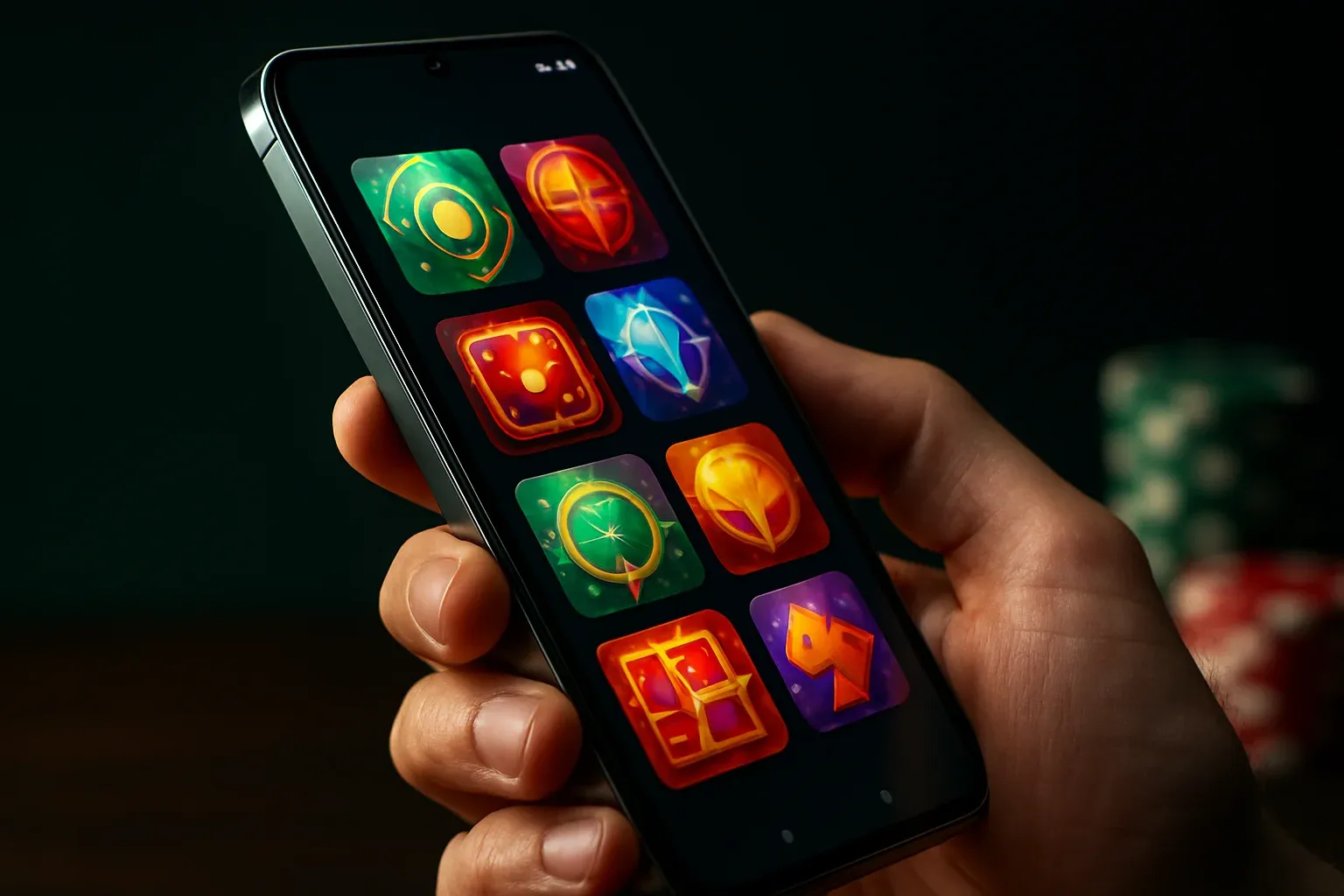 Flagship Android smartphone displaying vivid casino app interface in dramatic lighting