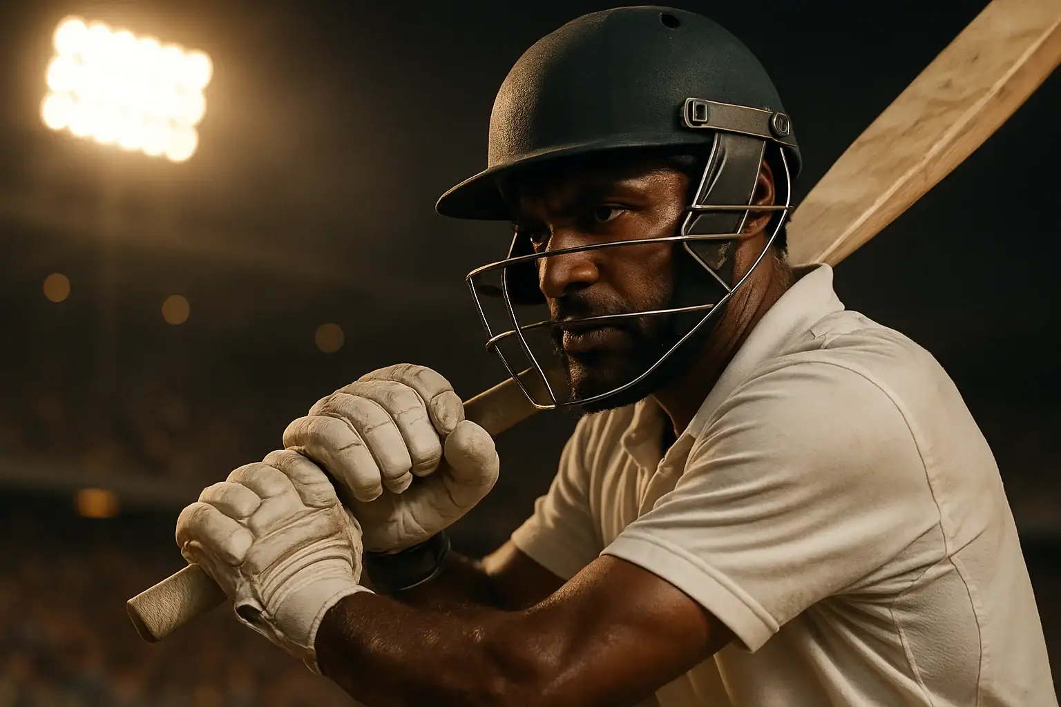 Bangladeshi male cricket batsman in white kit mid-swing under stadium lights