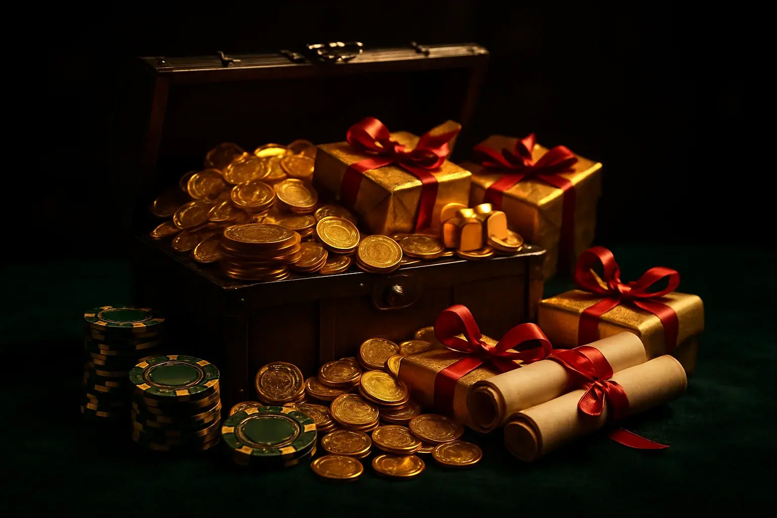 Overflowing treasure chest with coins, casino chips, vouchers, and gift boxes