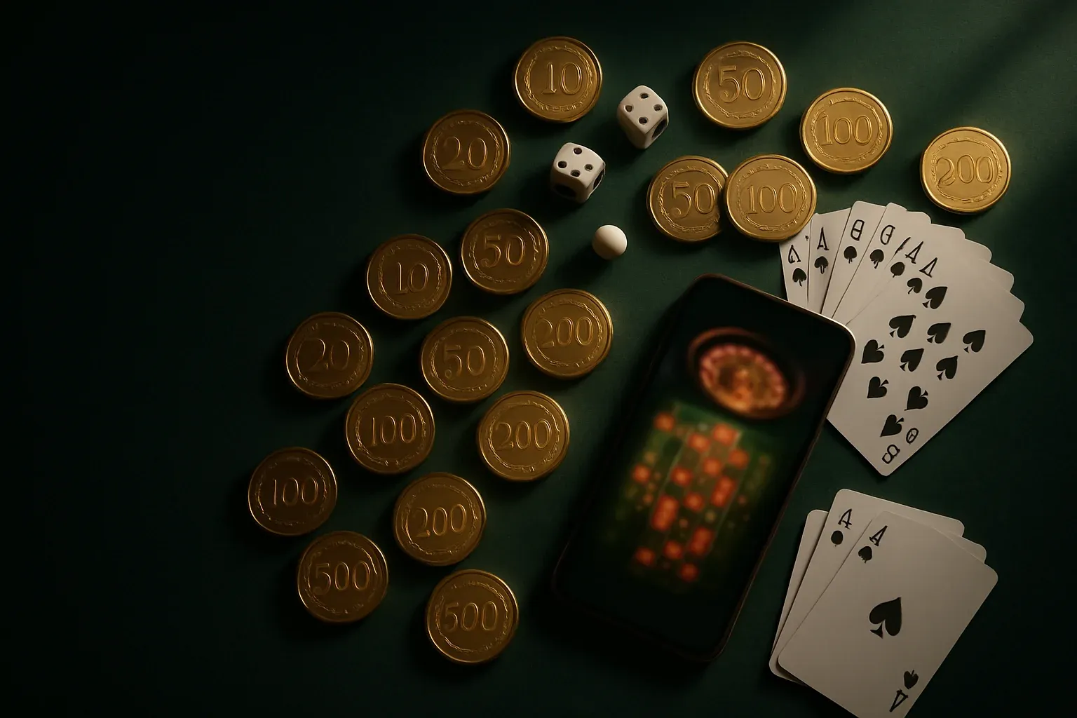 Top-down casino table with gold chips, cards, dice, roulette ball, smartphone