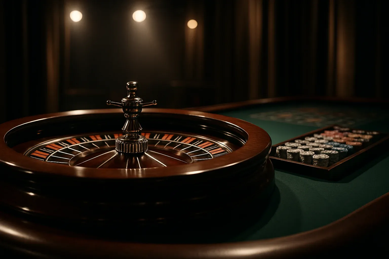 Hyperrealistic live casino studio with empty roulette table and dramatic lighting