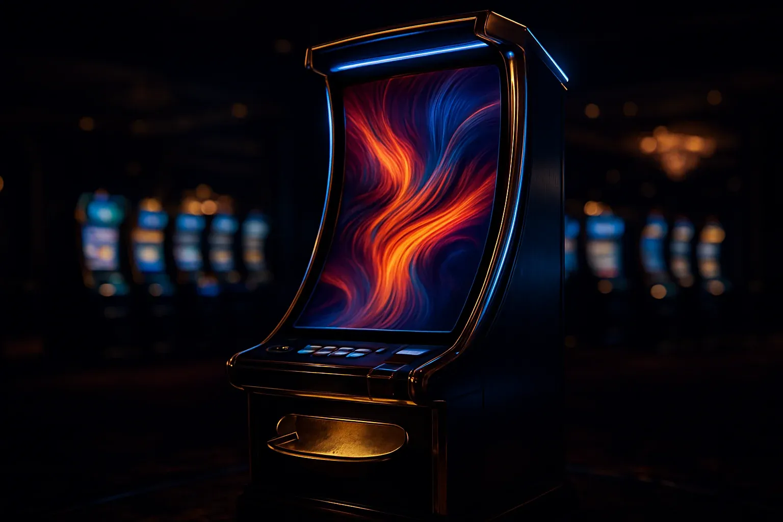 Hyperrealistic premium slot machine glowing in dark luxury casino floor